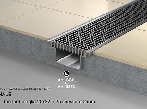 Stainless steel grating channel with siphoned outlet and grating