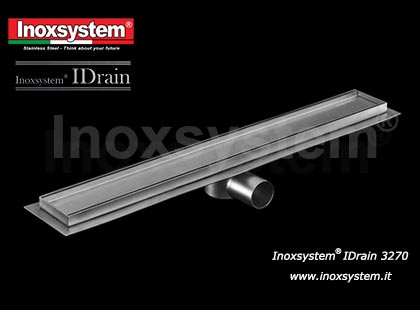 Canaletta di drenaggio larghezza mm 84 con copertura satinata e profilo inferiore, sifone e filtro estraibile in acciaio inox