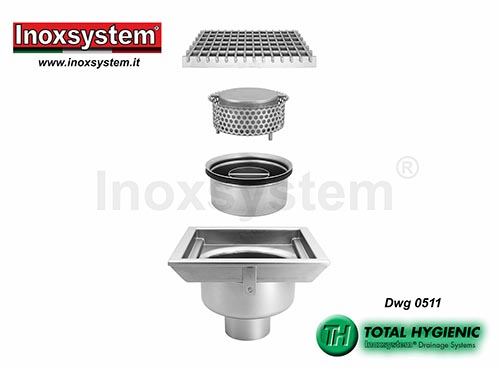 Hygienic floor drains removable outlet and filter basket in stainless steel