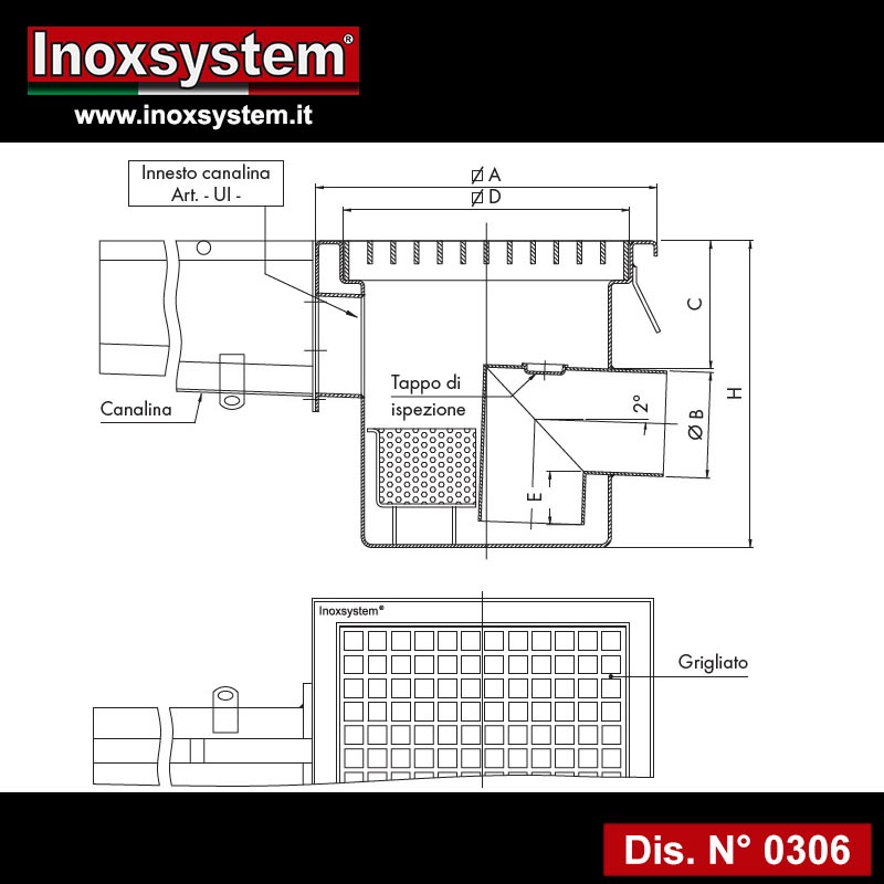 Chiusino con copertura in griglia a scarico orizzontale, con cestello prima della sifonatura 