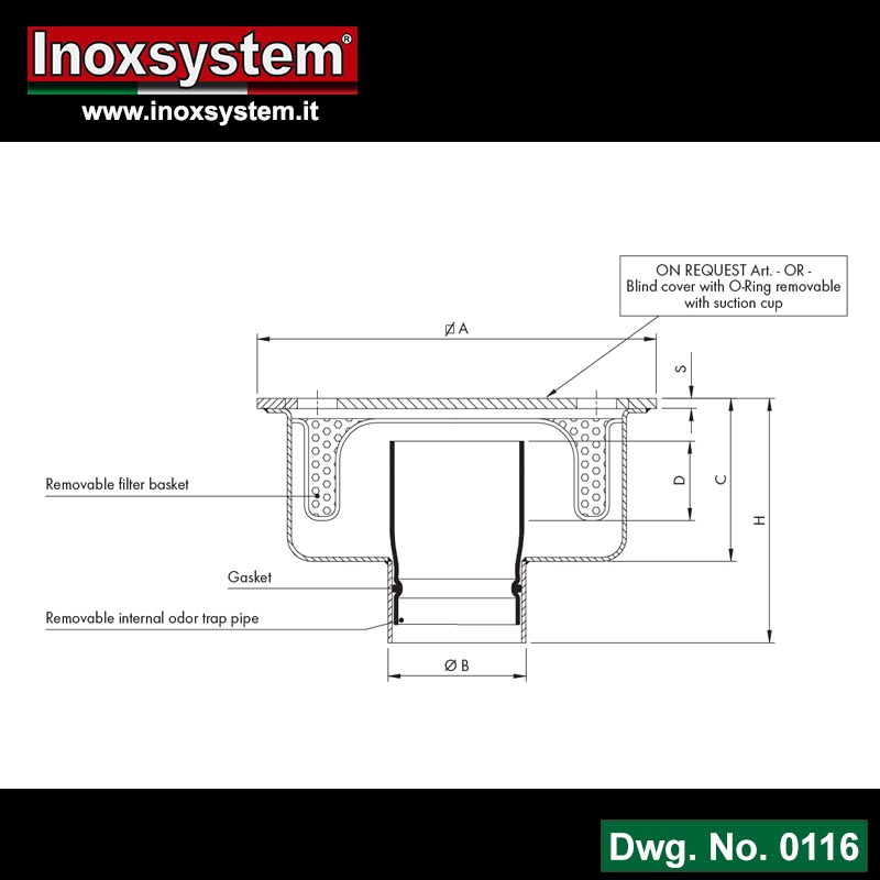 Line 0116 Dwg Floor drains with square top plate and vertical outlet removable Total Hygienic internal odor trap pipe and filter basket