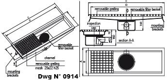 Siphoned stainless steel channel with grating and removable filter basket - central horizontal outlet pipe