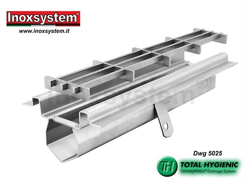 Hygienic drainage channel perimeter flange for waterproofing attachment in stainless steel