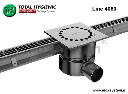 Canali a griglia antibatterica e antiscivolo con chiusino in piastra Total Hygienic, tubo sifonato e cestello estraibile antiratto in acciaio inox