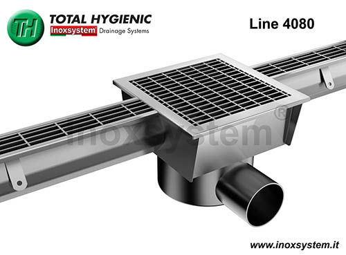 Caniveau en acier inox avec grille antibacterienne et antidérapante et siphon sol à grille Inoxsystem® Total Hygienic