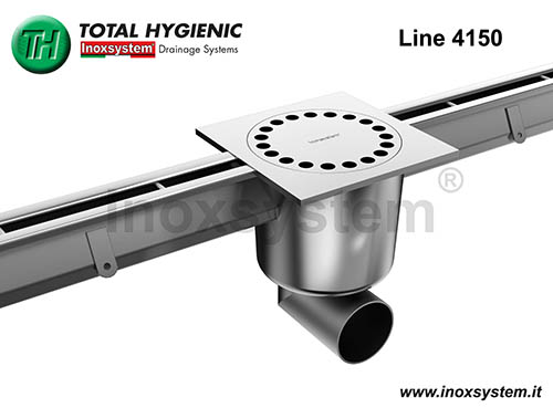 Canali a fessura standard, chiusino in piastra con tubo sifonato estraibile Total Hygienic e cestello estraibile antiratto in acciaio inox