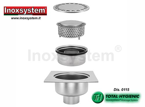 Chiusini in piastra ribassati a scarico verticale con tazza sifonata e cestello estraibili in acciaio inox